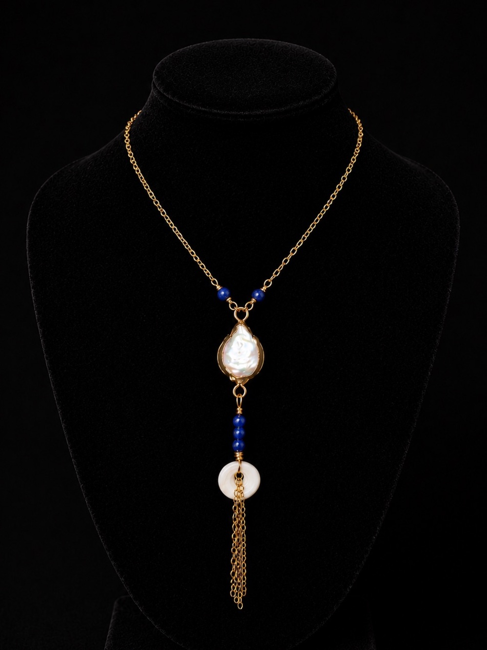 Gold Pearl and Blue Bead Lariat Necklace by - Picture 1 of 3